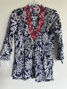 Lily Pulitzer Sarasota Tunic Embellished Navy & White with Red Beaded Neckline